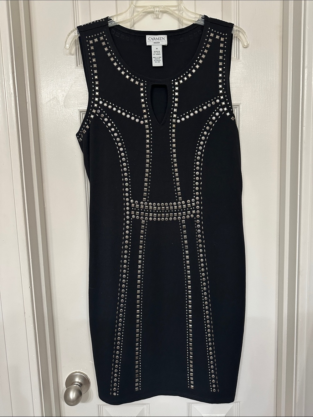 Carmen Marc Valvo Black Studded Keyhole Sheath Dress